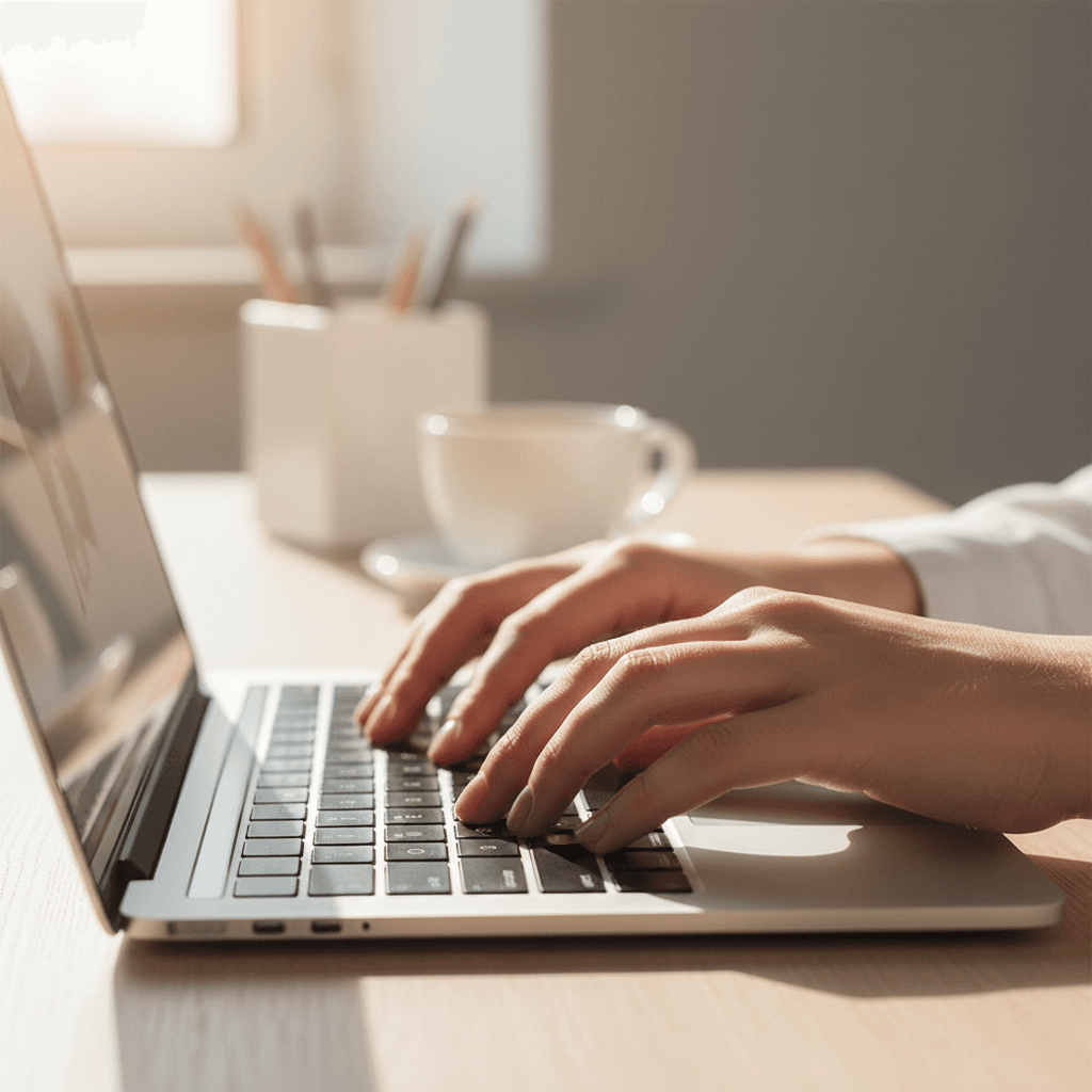 Hands typing on laptop with smartphone nearby